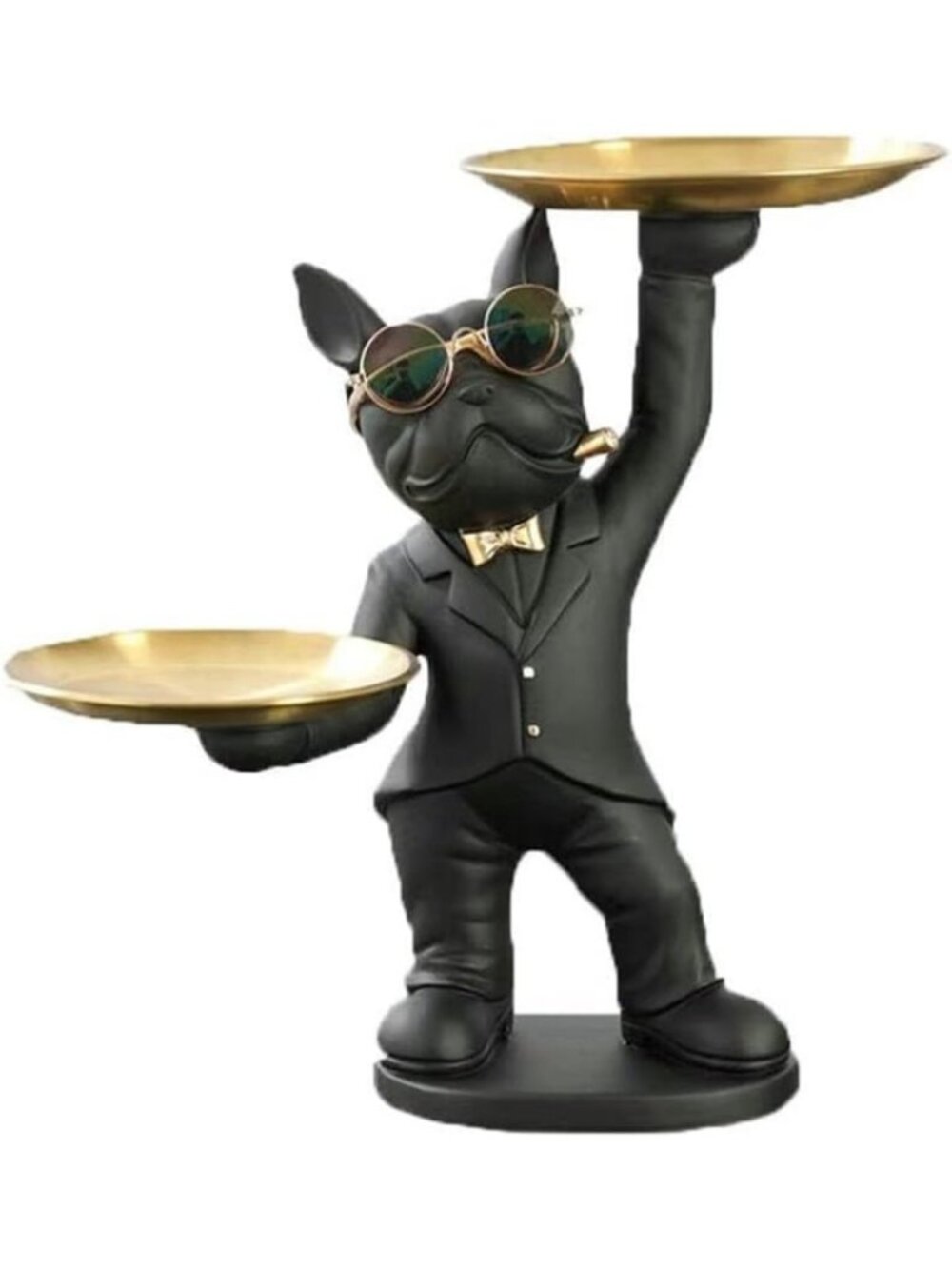 Charming French Bulldog Statue with Trays & Glasses - Black Resin Dog Decor Gift